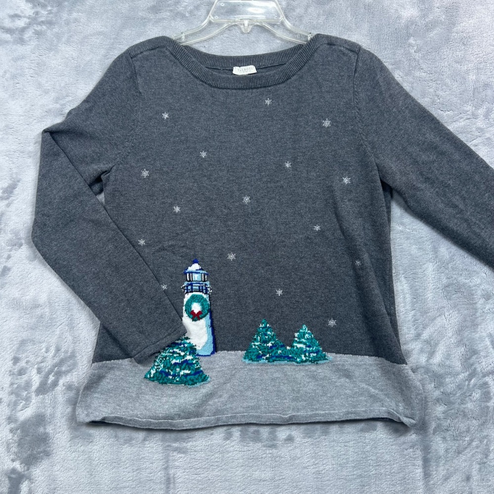 Talbots Sweater Womens Petite Medium Grey Winter Lighthouse Snowflake Holiday PM